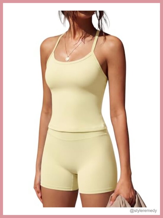Tops - 2 Piece Workout Set High Waisted Biker Shorts Halter Tank Top Padded